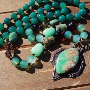 Long Chrysoprase & Aventurine Statement Gemstone Necklace